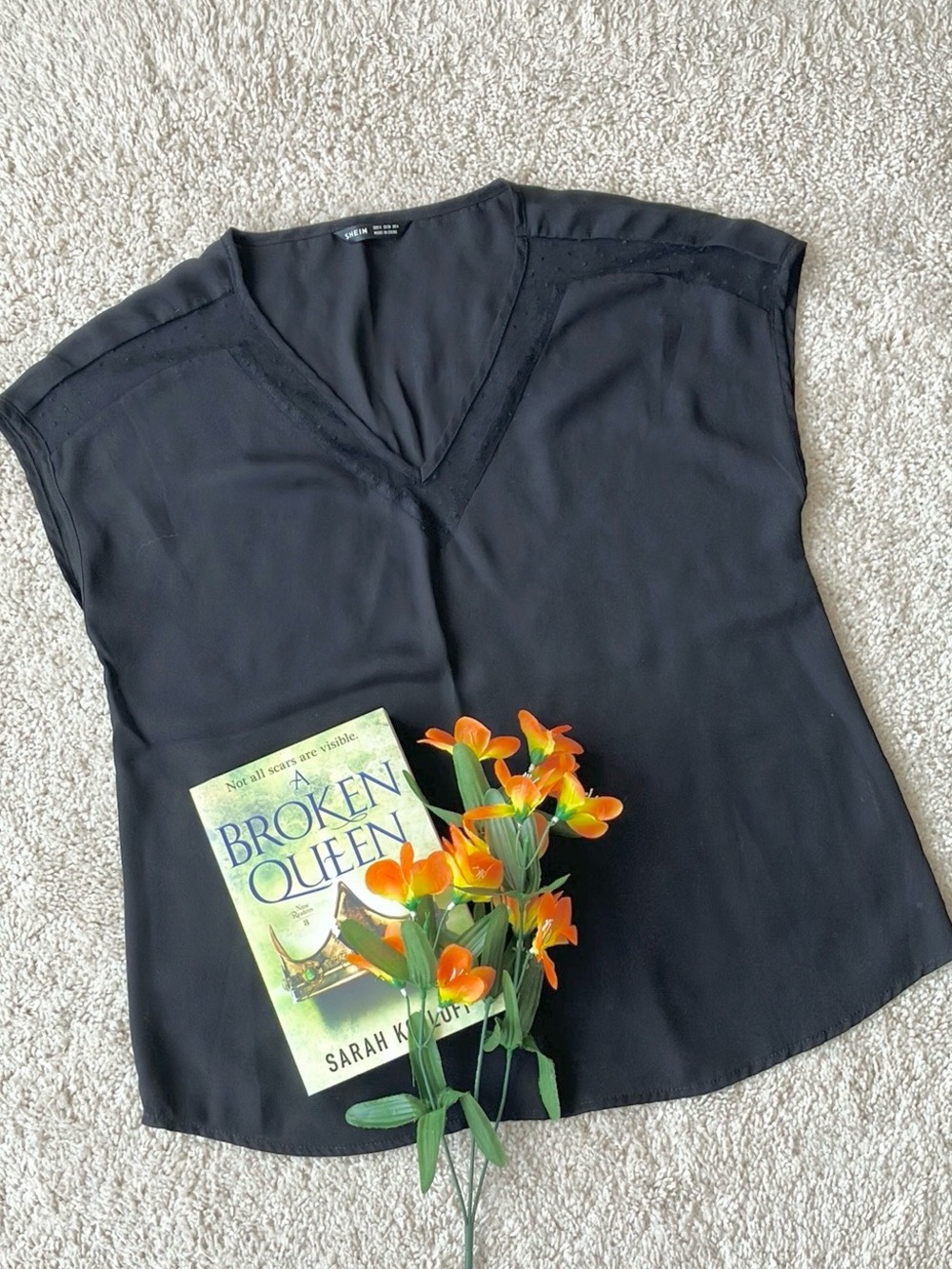 SHEIN | V-Neck Top with Sheer Mesh Neckline